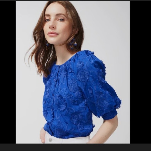 Chico's Tops - Chico's Cobalt Blue Floral Appliqué Puff-Sleeve Button Up Scoop Neck Blouse -XL